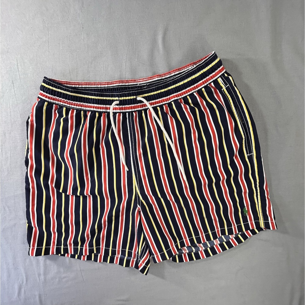 Polo Ralph Lauren Men's Medium‎ Striped Swim Shorts Green Polo Pony Beach Pool